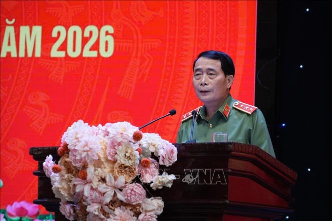 Thượng tướng Lê Quốc Hùng, Thứ trưởng Bộ Công an phát biểu tại Hội nghị.