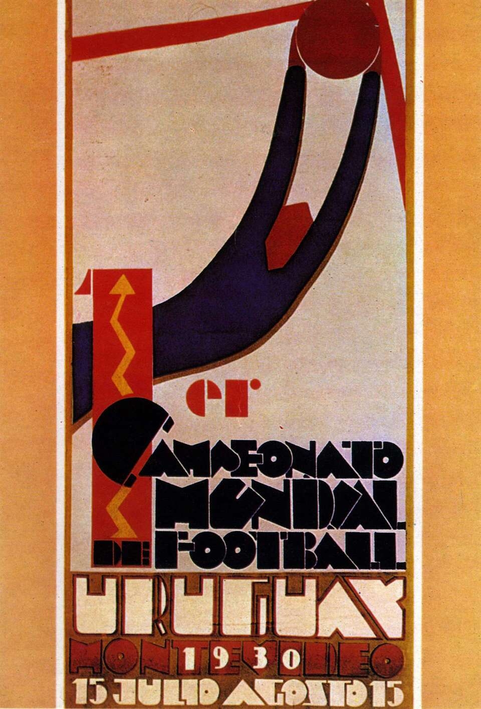 Poster World Cup 1930 tại Uruguay được xem là khởi đầu cho truyền thống này. Thiết kế mang đậm phong cách đồ họa Art Deco với hình ảnh thủ môn đang bay người cản phá bóng, thể hiện tinh thần mạnh mẽ và tiên phong của giải đấu đầu tiên trong lịch sử.
