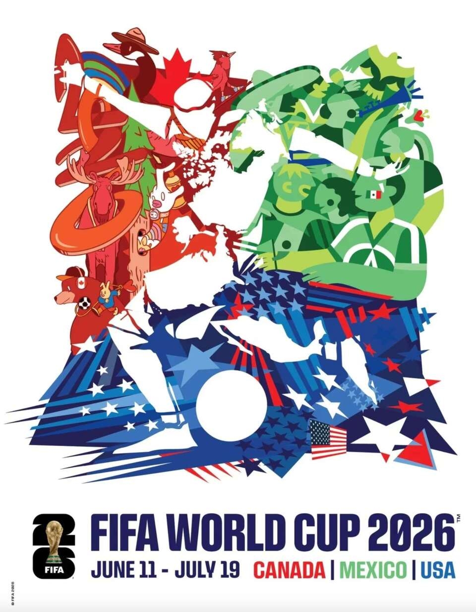 Đối với World Cup 2026, FIFA lần đầu tiên giới thiệu một poster chính thức được thực hiện bởi 3 nghệ sĩ đến từ 3 quốc gia đồng đăng cai gồm Canada, Mexico và Mỹ. Tác phẩm nhấn mạnh tinh thần hợp tác, sự đa dạng văn hóa và tình yêu bóng đá kết nối người hâm mộ trên toàn thế giới.