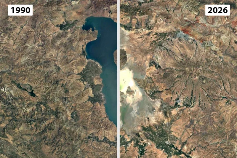 Hồ Urmia ở Tây Bắc Iran từng là hồ nước mặn lớn nhất Trung Đông. Ảnh: Google Earth
