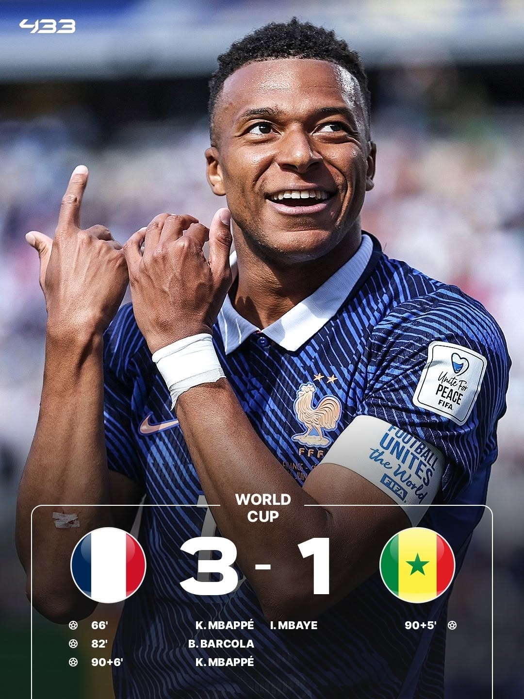 Kylian Mbappe ghi cú đúp giúp Pháp giành chiến thắng 3-1 trước Senegal (Ảnh: 433).