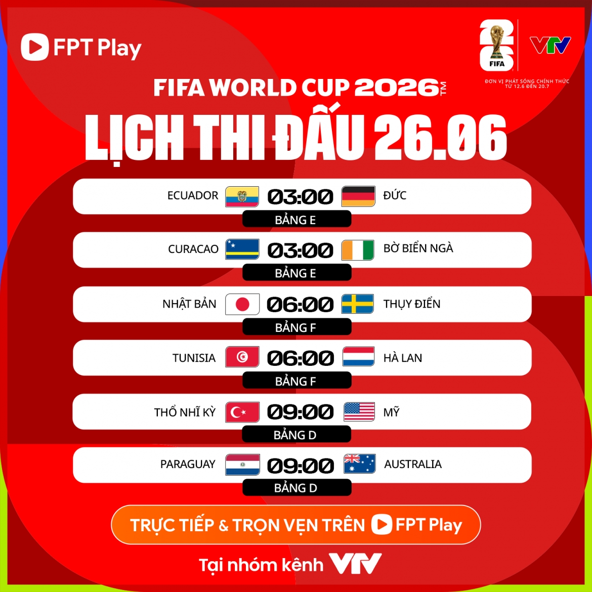 Lịch thi đấu và trực tiếp World Cup 2026 hôm nay 25/6 rạng sáng 26/6.