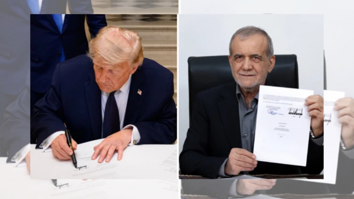 Tổng thống Mỹ Donald Trump và Tổng thống Iran Masoud Pezeshkian ký kết thỏa thuận. Ảnh: The Australia Today.
