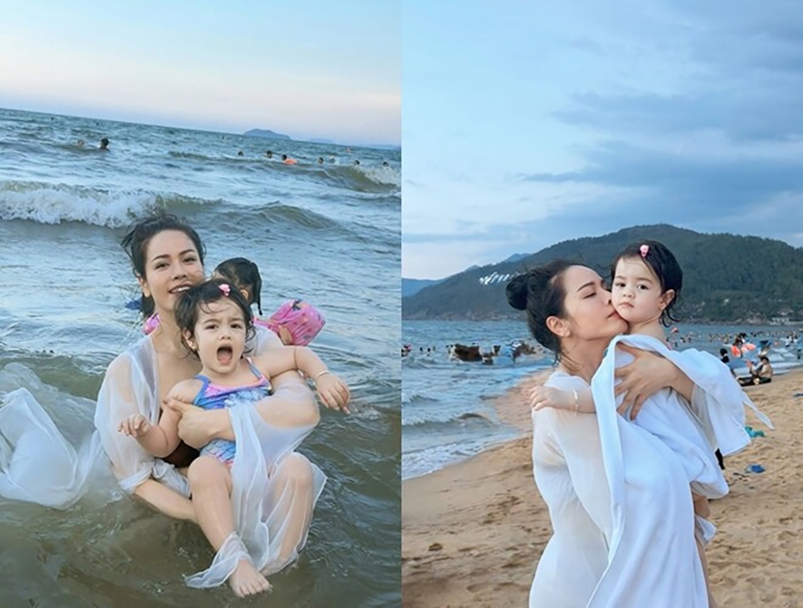 Con gái nhà Nhật Kim Anh lần đầu tắm biển.