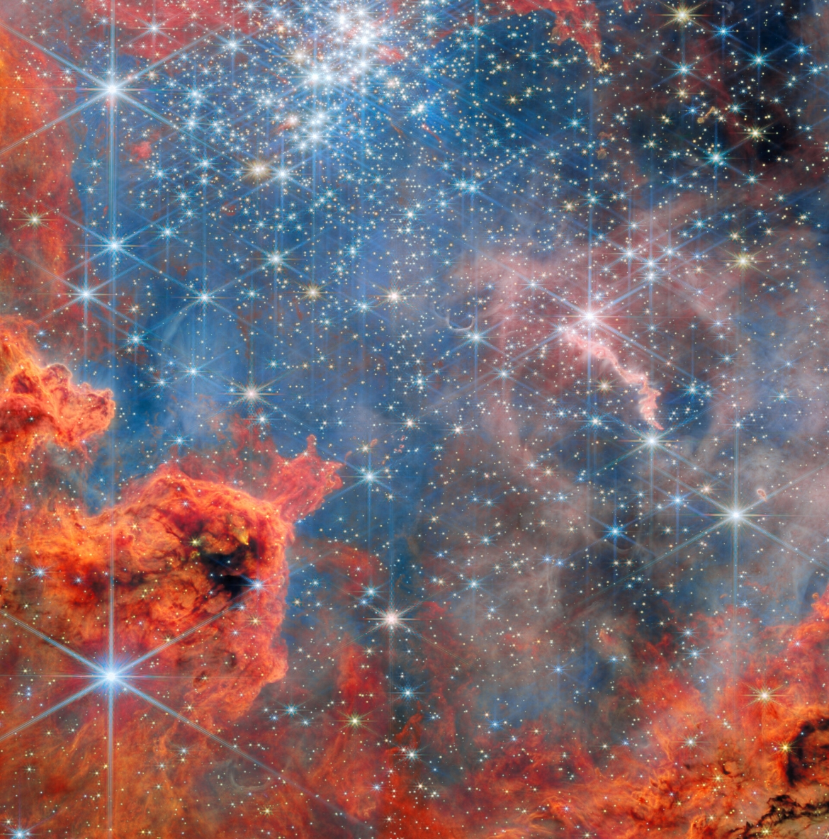 Hình ảnh Westerlund 2 do JWST ghi lại cho thấy hàng nghìn ngôi sao lấp lánh cùng những đám mây khí phát sáng. Nổi bật trong khung cảnh là các "bức tường" bụi màu cam và đỏ rực trải dài giữa không gian. Cụm sao này nằm bên trong vùng hình thành sao Gum 29, cách Trái Đất khoảng 20.000 năm ánh sáng. Westerlund 2 là nơi tập trung một số ngôi sao nóng nhất, sáng nhất và có khối lượng lớn nhất trong dải Ngân Hà. Bức xạ mạnh từ các ngôi sao khổng lồ liên tục tác động lên môi trường xung quanh, làm nóng khí và bụi, đồng thời góp phần định hình những cấu trúc ngoạn mục được quan sát trong khu vực này.