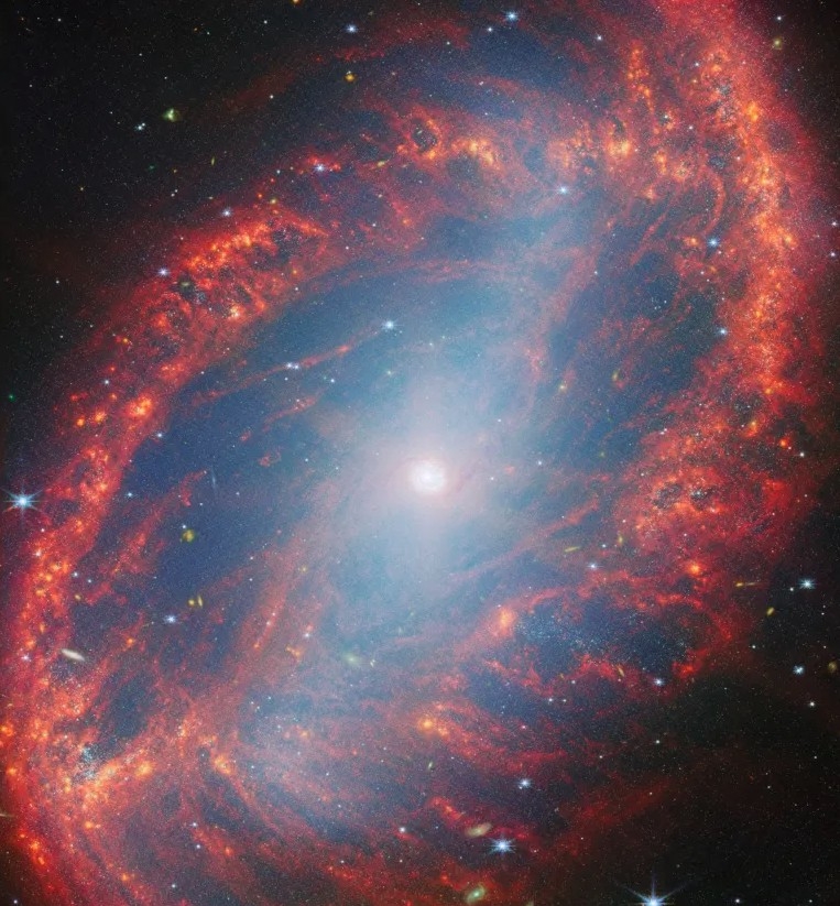 NGC 2566 nằm cách Trái Đất khoảng 76 triệu năm ánh sáng và là một trong 55 thiên hà tương đối gần được nghiên cứu trong chương trình của JWST nhằm tìm hiểu mối liên hệ giữa sao, khí và bụi trong các thiên hà đang tích cực hình thành sao mới. Trong ảnh, các cấu trúc dạng sợi màu đỏ cho thấy sự hiện diện của bụi, trong khi màu xanh biểu thị các ngôi sao. Những sắc xanh lục và vàng hé lộ vô số thiên hà nằm ở phía xa hơn.