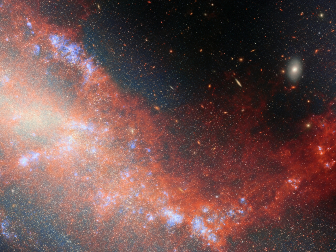 JWST ghi lại cặp thiên hà lùn đang tương tác NGC 4490 và NGC 4485. Hai thiên hà được nối với nhau bằng một cầu vật chất phát sáng gồm khí và các ngôi sao, hình thành khi chúng đi ngang qua nhau ở khoảng cách rất gần cách đây khoảng 200 triệu năm. Sự tương tác hấp dẫn giữa hai thiên hà đã kéo giãn khí, bụi và các ngôi sao, tạo nên cấu trúc cầu nối ngoạn mục này.