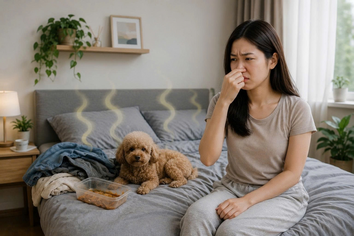 Mùi hôi trong phòng ngủ là tình trạng khá phổ biến, thường xuất phát từ quần áo bẩn, thức ăn để lâu, mùi cơ thể, thú cưng hoặc không khí kém lưu thông