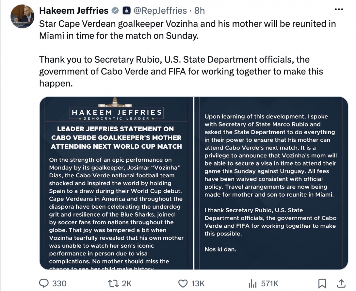 Tuyên bố của Lãnh đạo phe Dân chủ tại Hạ viện Hakeem Jeffries trên mạng xã hội X.