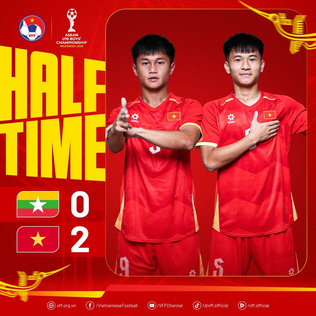 U19 Việt Nam dẫn trước U19 Myanmar 2-0 sau hiệp đấu đầu tiên. (Ảnh: VFF)