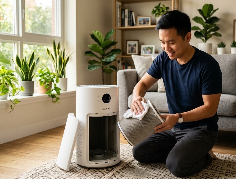 Vệ sinh máy lọc không khí định kỳ giúp không gian sống của gia đình bạn trong lành, đảm bảo hơn. Ảnh: WKH