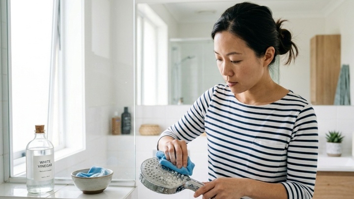 Vệ sinh vòi hoa sen bằng giấm trắng có thể giúp bóc mảng bám mà không làm xước bề mặt thiết bị. Ảnh: CH