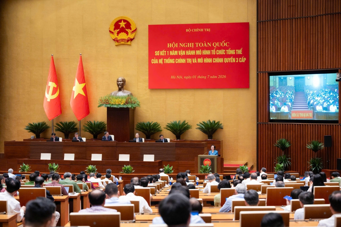 Hội nghị toàn quốc sơ kết 1 năm vận hành mô hình tổ chức tổng thể của hệ thống chính trị và mô hình chính quyền 3 cấp tổ chức sáng 1/7 tại Hà Nội. Ảnh media Quốc hội 