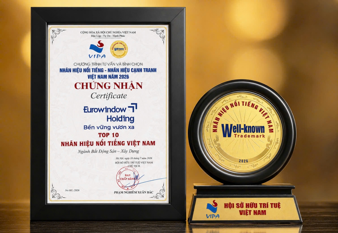 Eurowindow Holding được vinh danh trong Top 10 Nhãn hiệu nổi tiếng Việt Nam năm 2026 lĩnh vực Bất động sản - Xây dựng. (Ảnh: Eurowindow Holding)