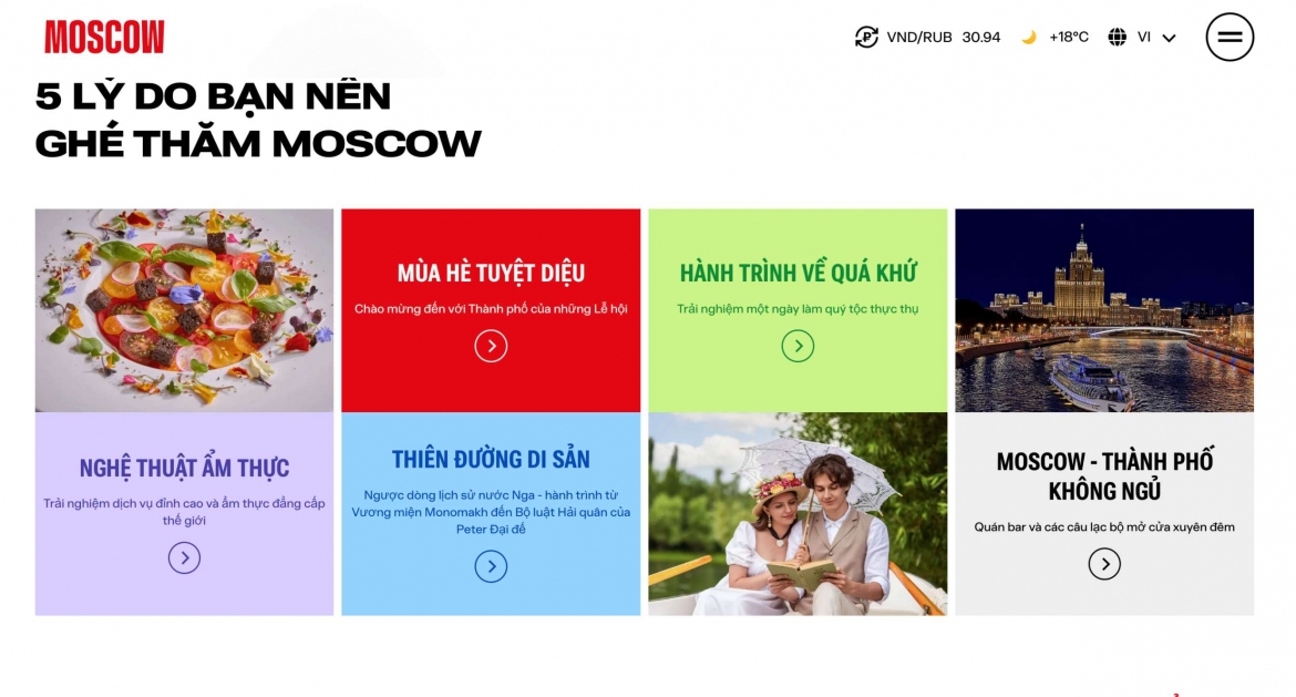 Nền tảng du lịch chính thức của thành phố Moscow, Liên bang Nga phiên bản tiếng Việt. Ảnh chụp màn hình