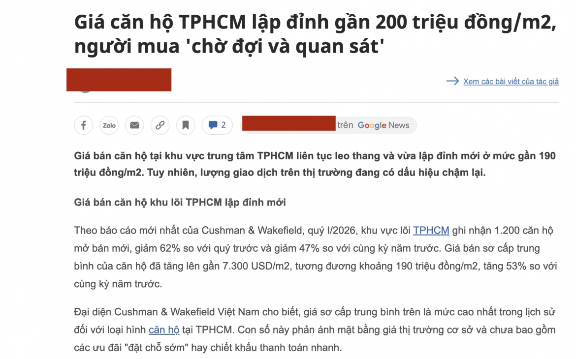 Công ty Cushman &amp; Wakefield tung lên truyền thông thông tin giá căn hộ ở TP HCM lập đỉnh