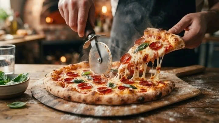 Khi sử dụng, người ta sẽ cắt bánh pizza thành những hình tam giác vừa tay. (Ảnh: GC)