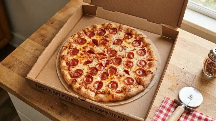 Bánh pizza được đặt trong hộp vuông. (Ảnh: HTC)