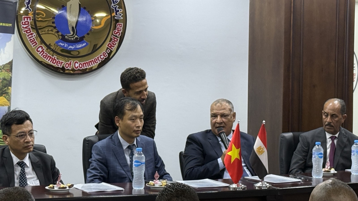 Đại sứ Nguyễn Nam Dương và Chủ tịch Phòng Thương mại tỉnh Biển Đỏ Khaled Abdelgelyl đồng chủ trì Diễn đàn doanh nghiệp. Ảnh: Đại sứ quán Việt Nam tại Ai Cập