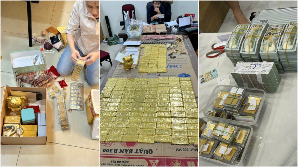 Tang vật gồm vàng, USD cùng nhiều tài sản thu giữ được trong vụ án.