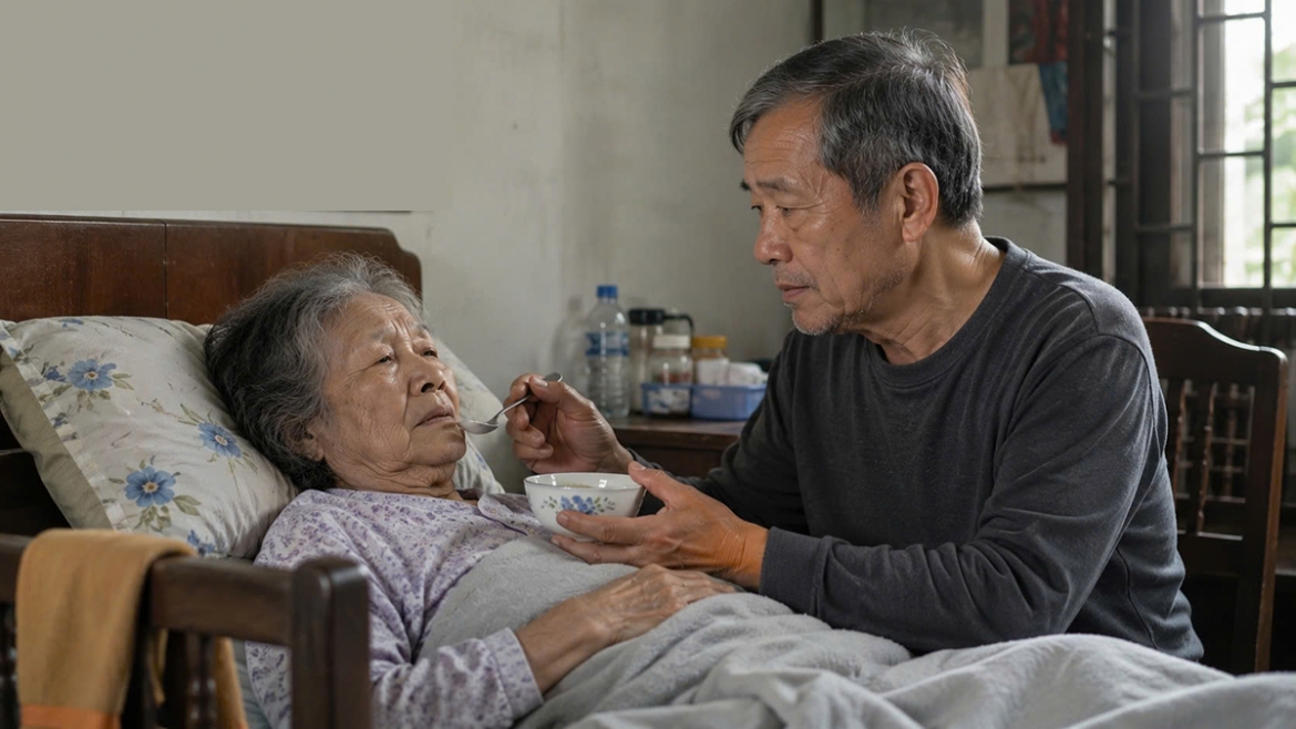 Ở tuổi ngoài 60 rơi vào cảnh chăm mẹ già, lo cho con cái. Ảnh minh hoạ - nguồn AI