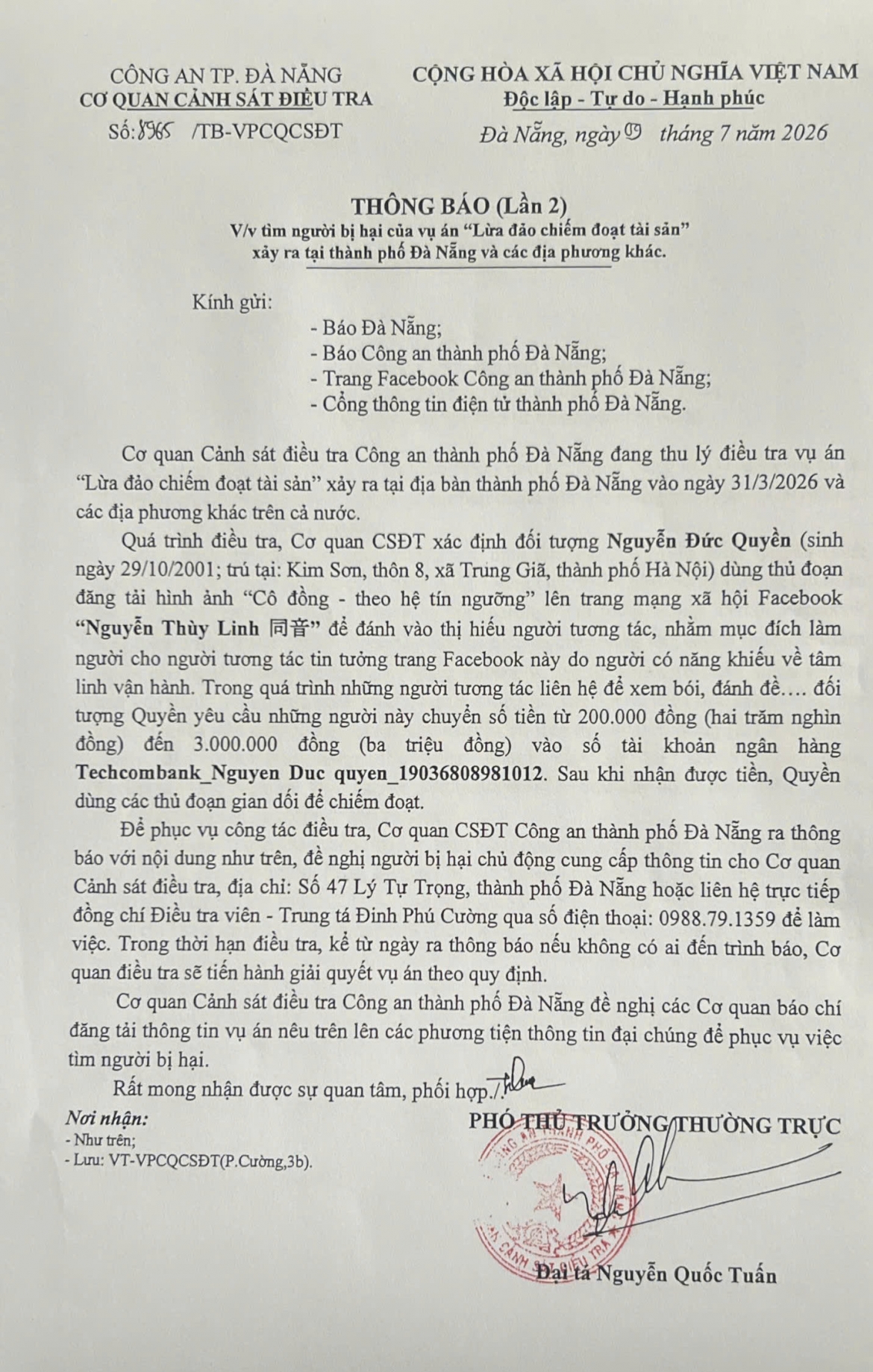 Cơ quan Cảnh sát điều tra Công an thành phố Đà Nẵng đề nghị mọi người tích cực chia sẻ thông tin