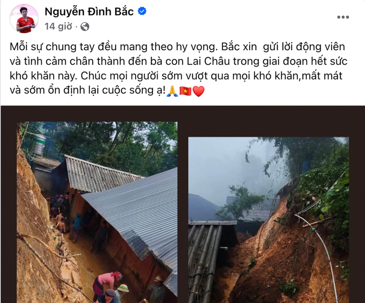 Đình Bắc thể hiện tấm lòng sẻ chia với đồng bào chịu ảnh hưởng bởi bão lũ (Ảnh: FBVN)