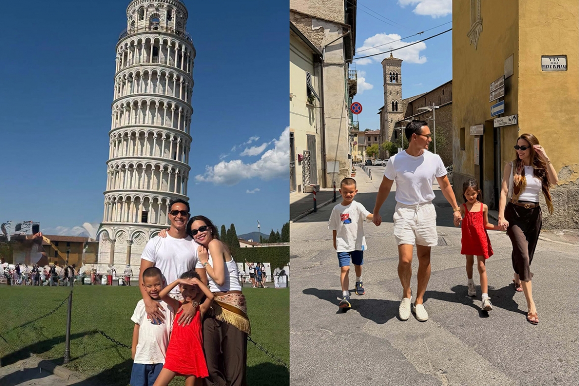 Hồ Ngọc Hà - Kim Lý cùng cặp song sinh Leon - Lisa sải bước trên đường phố Italy, nhân dịp sang châu Âu nghỉ hè. Mỗi khi đến châu Âu, họ thường ghé Italy để tận hưởng không khí mát mẻ và đồ ăn ngon.