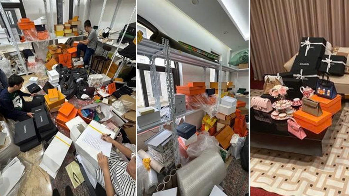 Lực lượng chức năng kiểm tra số hàng hóa có dấu hiệu giả mạo nhãn hiệu tại địa điểm kinh doanh.