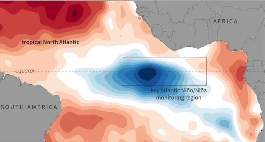Hiện tượng “La Nina Đại Tây Dương” được thể hiện bằng vùng màu xanh, đại diện cho khu vực nước biển lạnh hơn mức trung bình ở vùng nhiệt đới Đại Tây Dương. Ảnh: NOAA