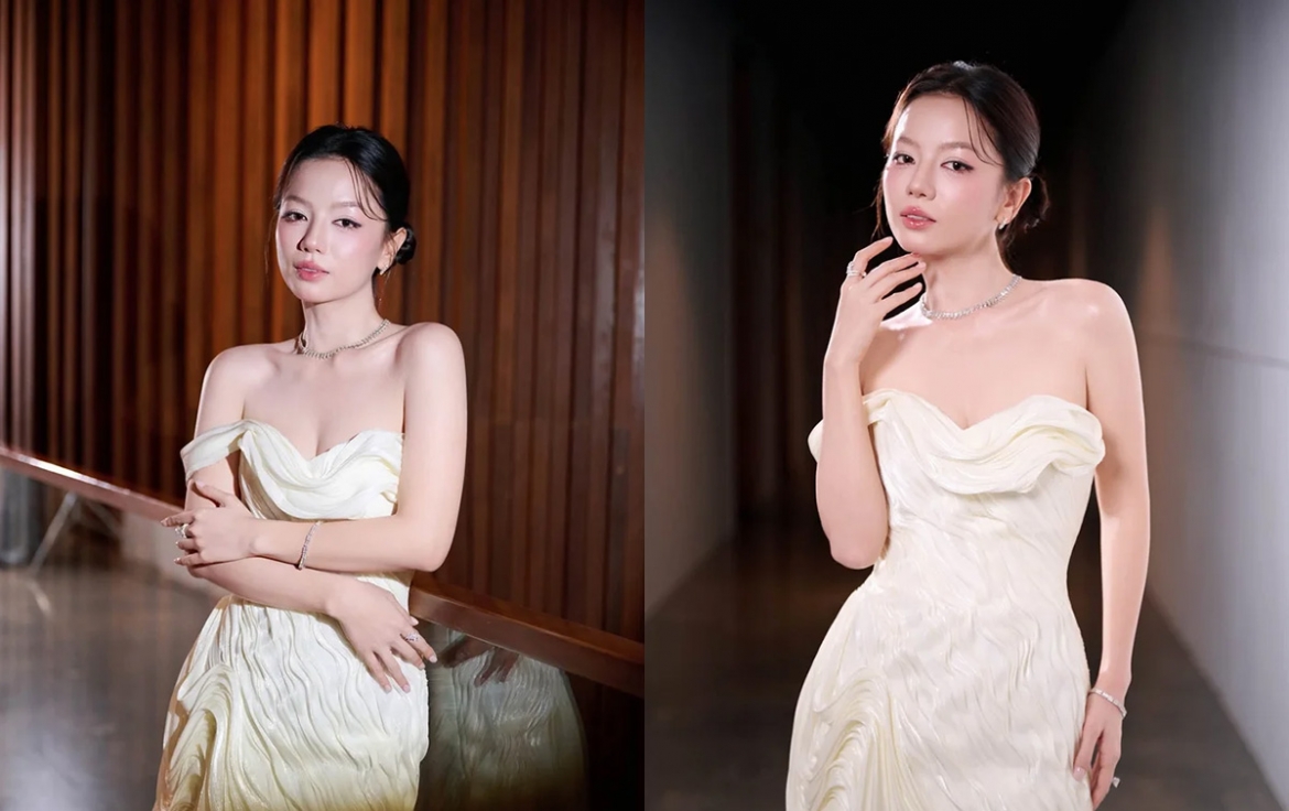 Mỹ nhân “Mưa Đỏ” Lê Hạ Anh diện váy trễ vai khoe vẻ đẹp tựa nữ thần.