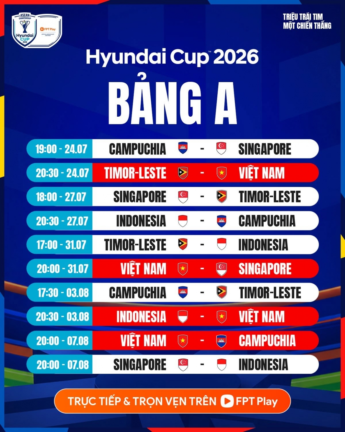 Lịch thi đấu bảng A - ASEAN Cup 2026