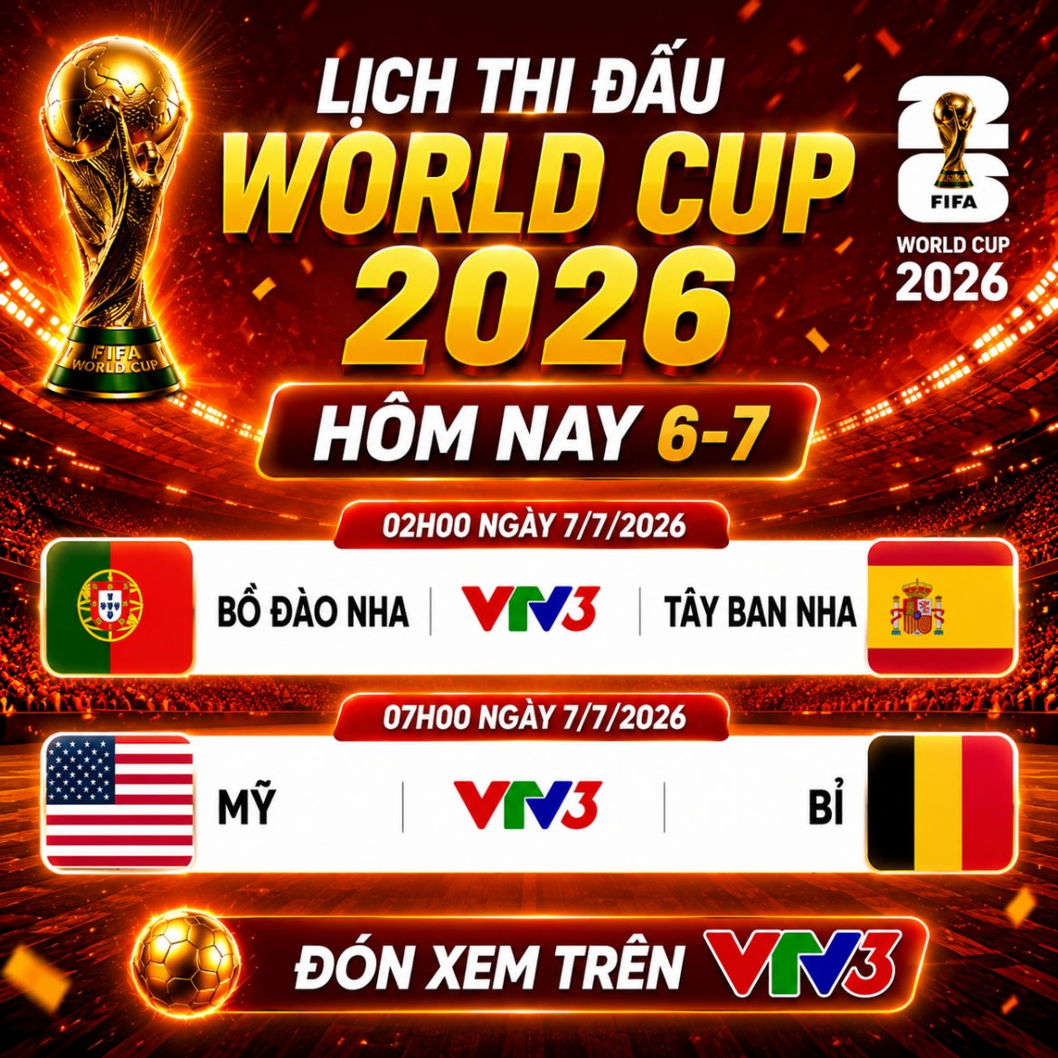 Lịch thi đấu và trực tiếp World Cup 2026 hôm nay 6/7 rạng sáng 7/7.