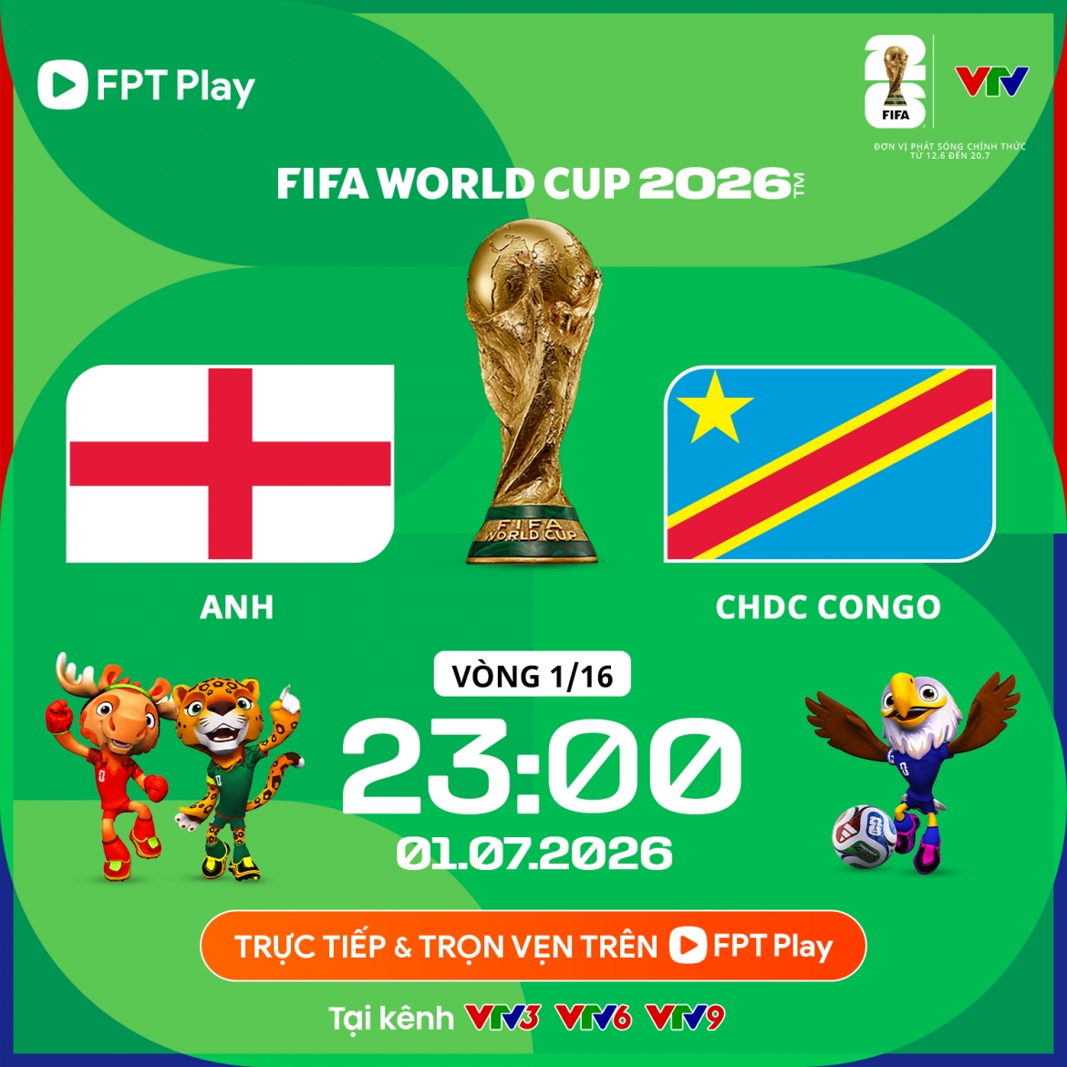 Trận đấu giữa tuyển Anh vs CHDC Congo diễn ra vào lúc 23h hôm nay 1/7.