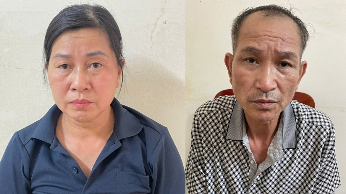 Trần Hải Sơn và Nguyễn Thị Thu tại cơ quan công an