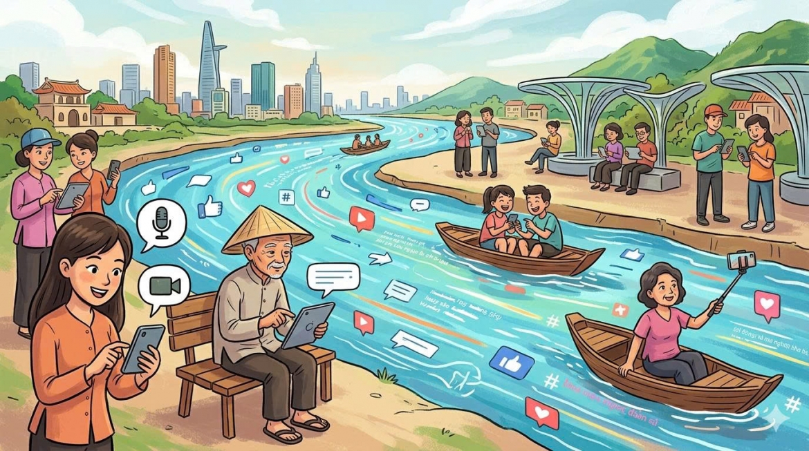 Mạng xã hội đã mở rộng không gian tự do ngôn luận theo cách chưa từng có. Ảnh được tạo bởi Gemini AI