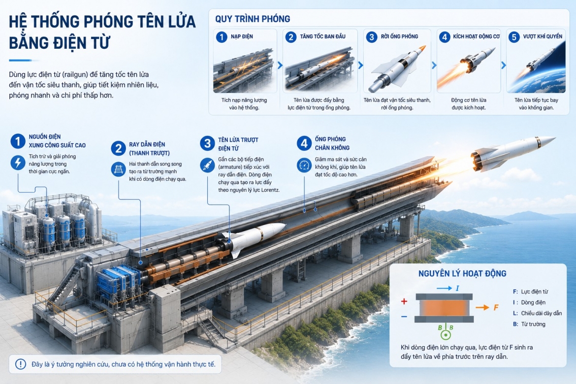 Mô phỏng hệ thống phóng tên lửa bằng điện từ theo ý tưởng của Trung Quốc (Nguồn: AI)