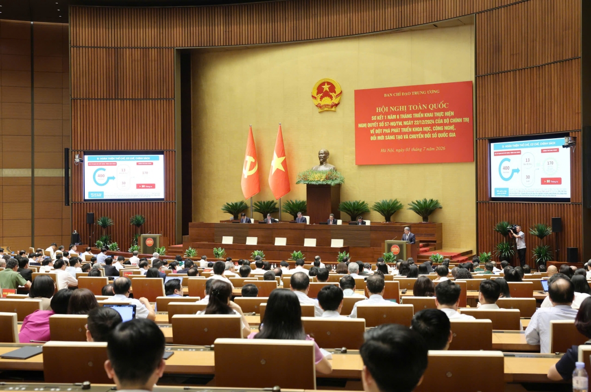 Hội nghị toàn quốc sơ kết 1 năm 6 tháng triển khai thực hiện Nghị quyết số 57-NQ/TW của Bộ Chính trị về đột phá phát triển khoa học, công nghệ, đổi mới sáng tạo và chuyển đổi số quốc gia diễn ra vào chiều nay (1/7).