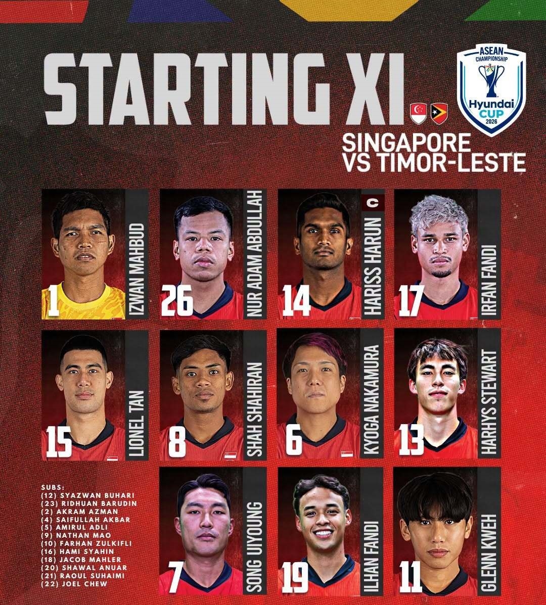Đội hình xuất phát của ĐT Singapore. (Ảnh: FAS). 