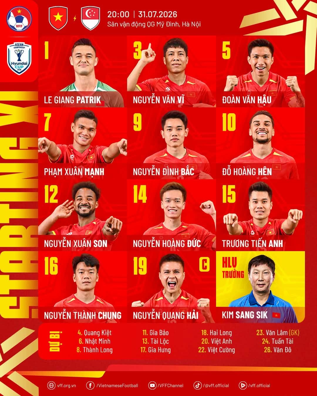 Đội hình xuất phát của ĐT Việt Nam trước Singapore (Ảnh: VFF)