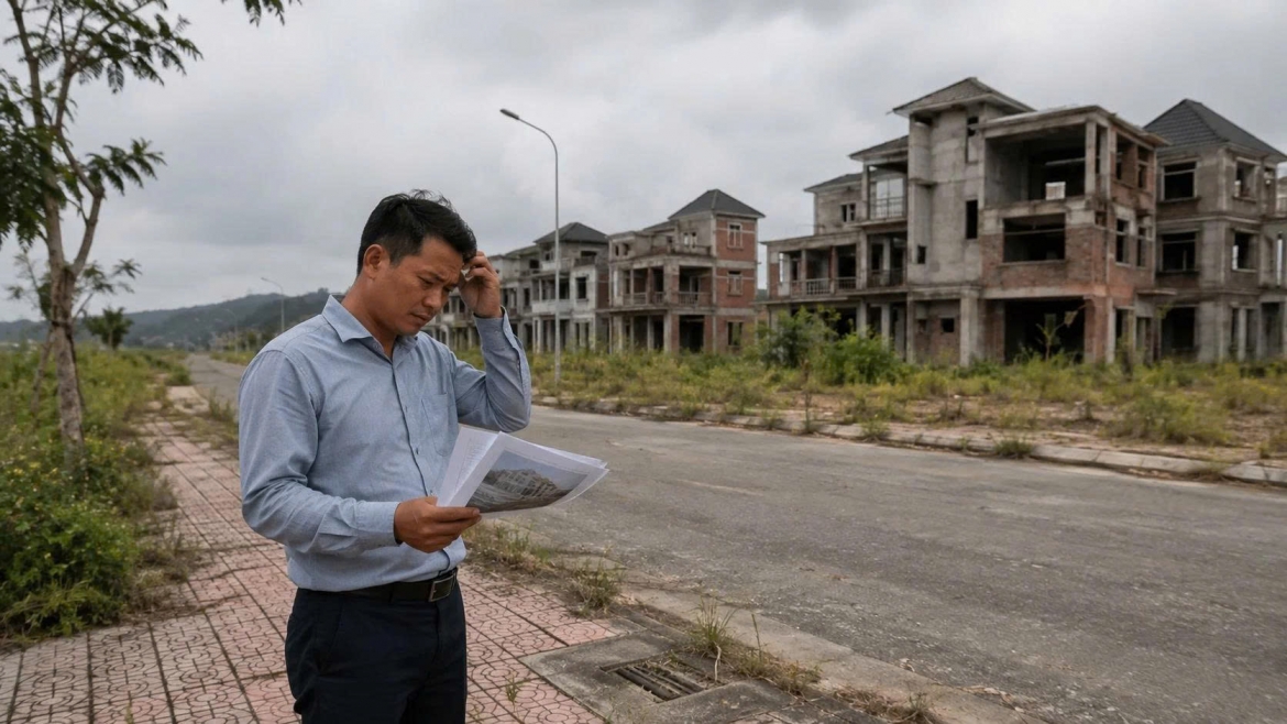 Đất nền, biệt thự vùng ven và các sản phẩm đầu cơ cao có nguy cơ “đóng băng” khi dòng tiền rút khỏi thị trường (Ảnh minh họa: ChatGPT)