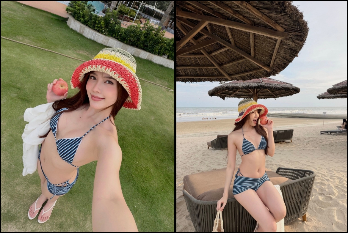 Thiều Bảo Trâm diện bikini nhỏ xíu khi đi biển. Trên trang cá nhân, nữ ca sĩ đăng loạt ảnh gợi cảm kèm dòng chú thích: "Iuuu mùa hè".
