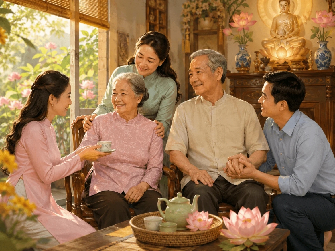 Đức Phật dạy rằng ngay trong gia đình mình, cha mẹ chính là những vị Phật của đời mình: "Cha già như thể Đức Phật Thích Ca, mẹ già như thể Phật Bà Quan Âm".