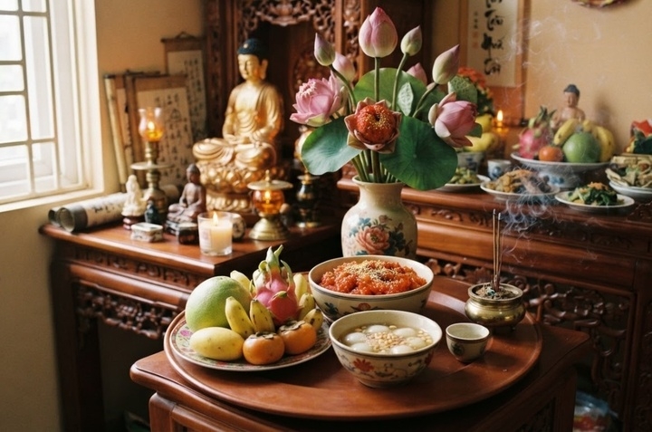Mâm cúng Phật ngày rằm tháng 7. (Ảnh minh họa: AI)
