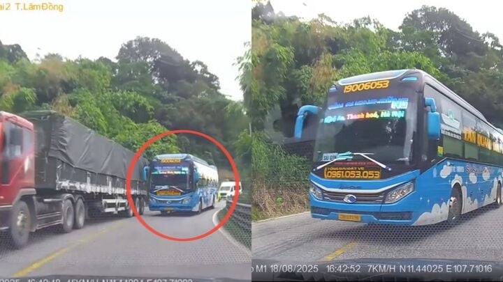 Bất chấp đoạn đường đèo hẹp và cua khuất tầm nhìn, tài xế xe khách vẫn cố tình lấn làn, vượt ẩu, suýt dẫn đến tai nạn đối đầu. Ảnh cắt từ clip quay tại đường đèo hướng Đồng Nai lên Đà Lạt vào ngày 18/8/2025