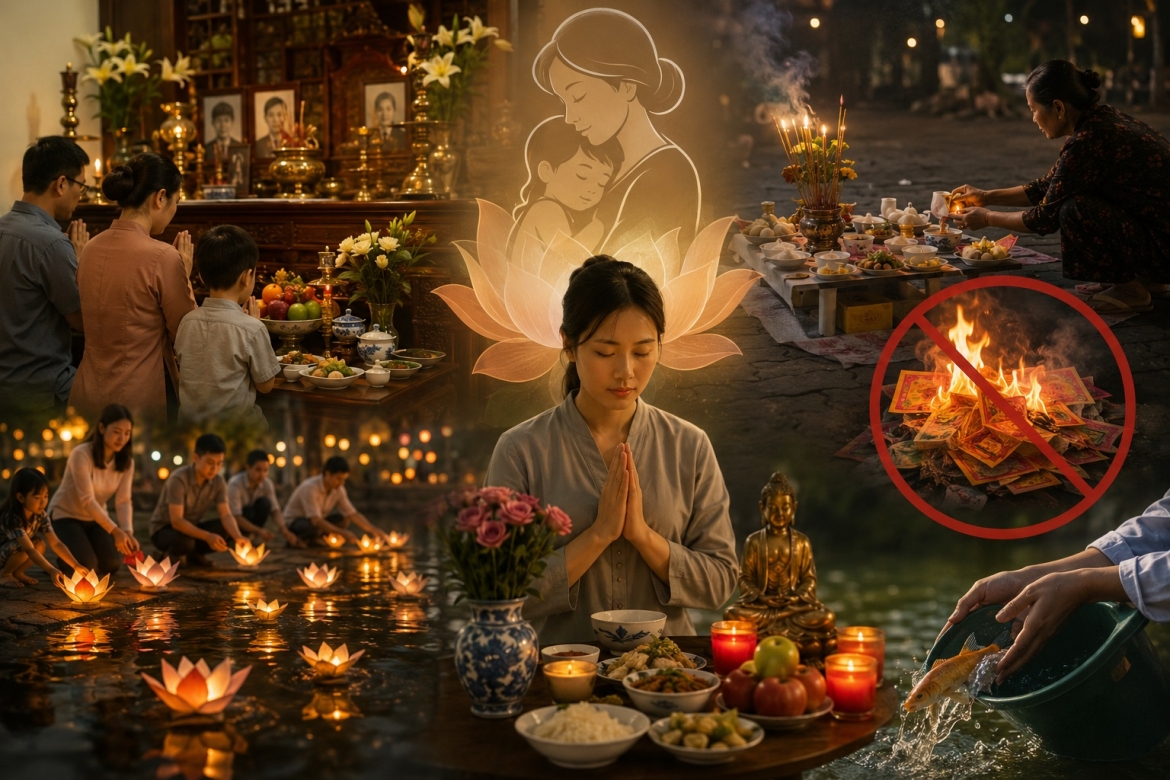 Rằm tháng 7 là thời điểm nhiều gia đình thực hiện các nghi lễ tưởng nhớ tổ tiên, báo hiếu cha mẹ, cúng gia tiên và thí thực (ảnh minh họa ChatGPT)
