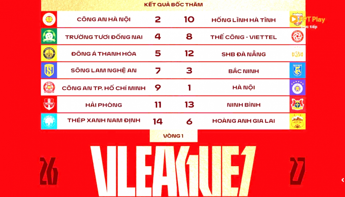 Lịch thi đấu vòng 1 V-League 2026/2027.