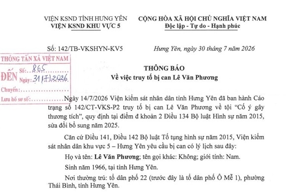 Viện Kiểm sát nhân dân tỉnh Hưng Yên đã ban hành Cáo trạng số 142/CT-VKS-P2 truy tố bị can Lê Văn Phương.