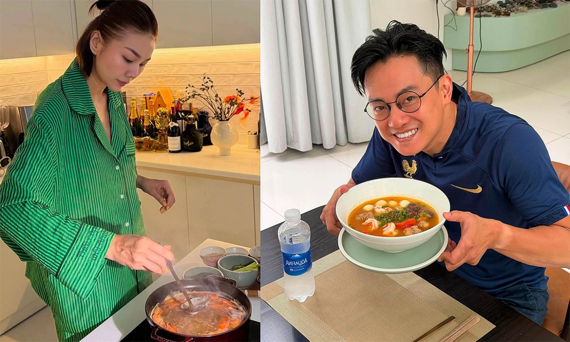 Người mẫu Thanh Hằng được ông xã, nhạc trưởng Trần Nhật Minh khen khi vào bếp nấu món bún tôm cho chồng.