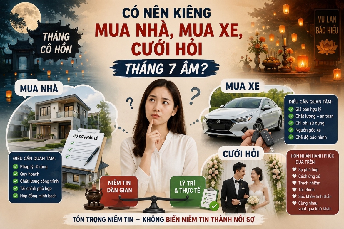 Có nên kiêng mua nhà, mua xe, cưới hỏi tháng 7 âm. (Ảnh: ChatGPT)